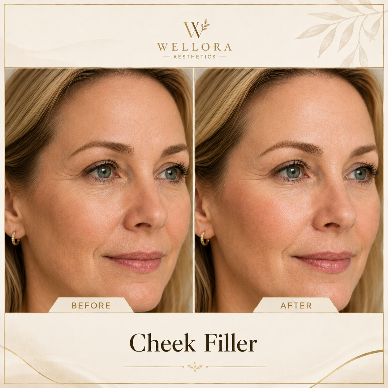 Cheek Filler illustrative before and after treatment visual by Wellora Aesthetics