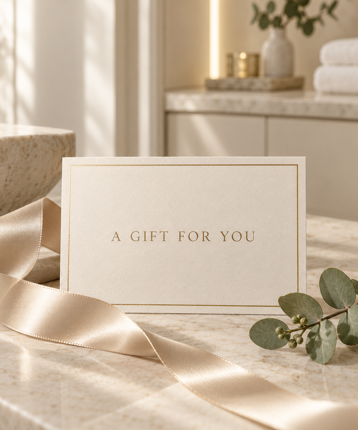 Luxury Wellora gift card with cream ribbon