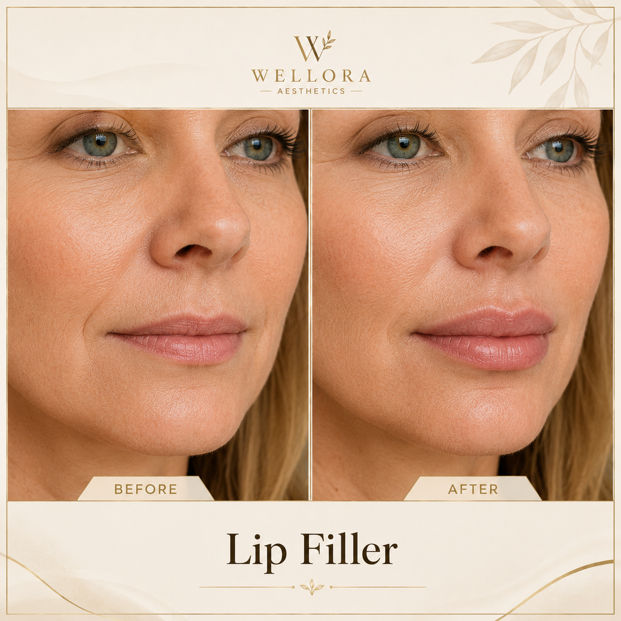 Lip Filler illustrative before and after treatment visual by Wellora Aesthetics