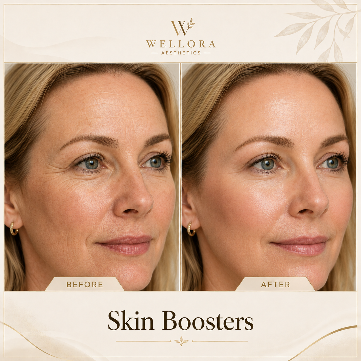 Skin Boosters illustrative before and after treatment visual by Wellora Aesthetics